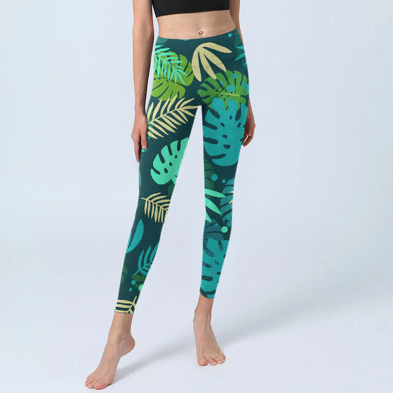 Buddha Stones Various Shapes Of Leaves Pattern Print Gym Leggings Women's Yoga Pants