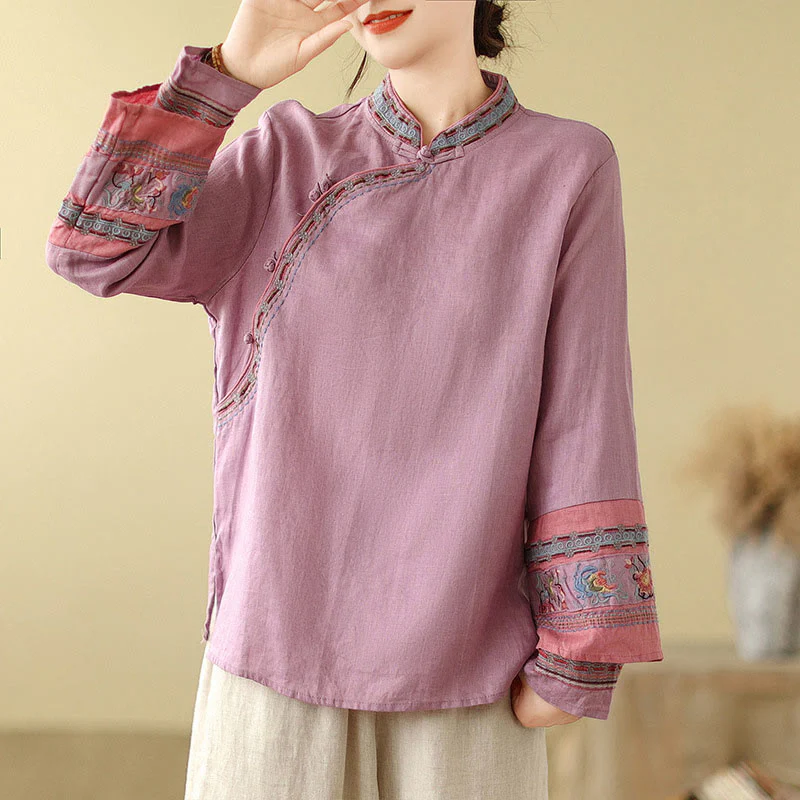 Buddha Stones Embroidered Slanted Buttons Cotton Linen Women's Shirt