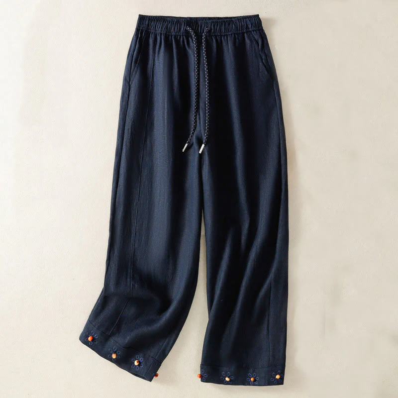 Buddha Stones Casual Embroided Bead Drawstring Women's Wide Leg Cotton Pants With Pockets