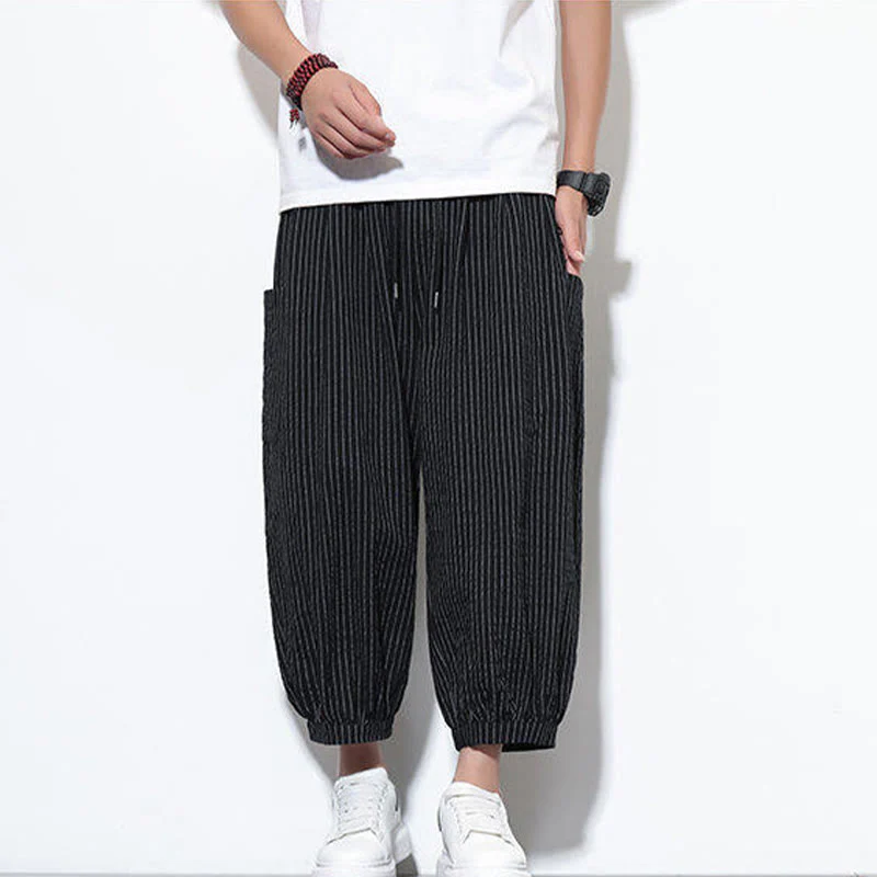 Buddha Stones Casual Striped Men's Cotton 7-8 Length Harem Pants With Pockets