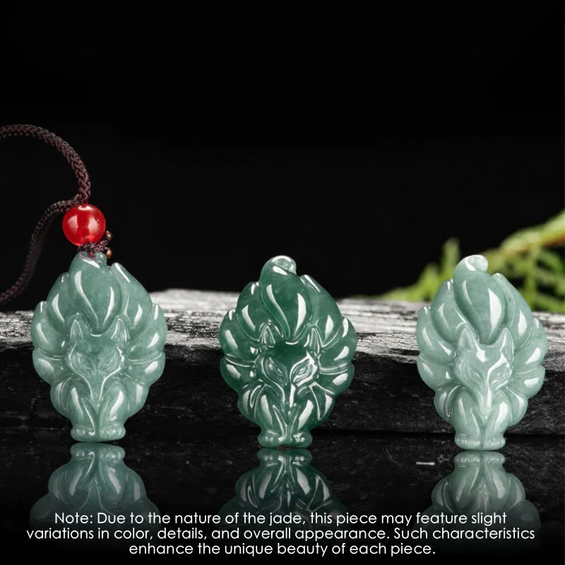 Buddha Stones Natural Green Jade Nine Tailed Fox Luck Necklace Pendant