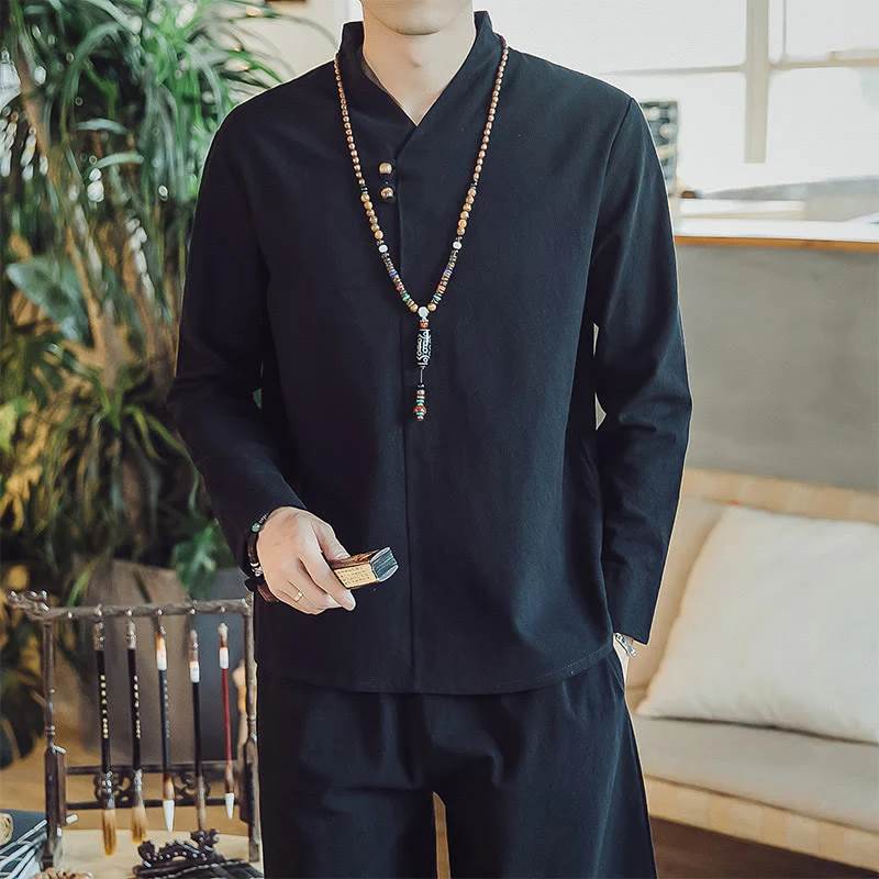 Buddha Stones 2Pcs Cotton Shirt Ankle-Length Pants With Pockets Men's Meditation Cloth Set