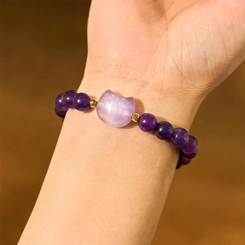 Buddha Stones Amethyst Green Aventurine Rose Quartz Fluorite Cat Head Balance Luck Bracelet