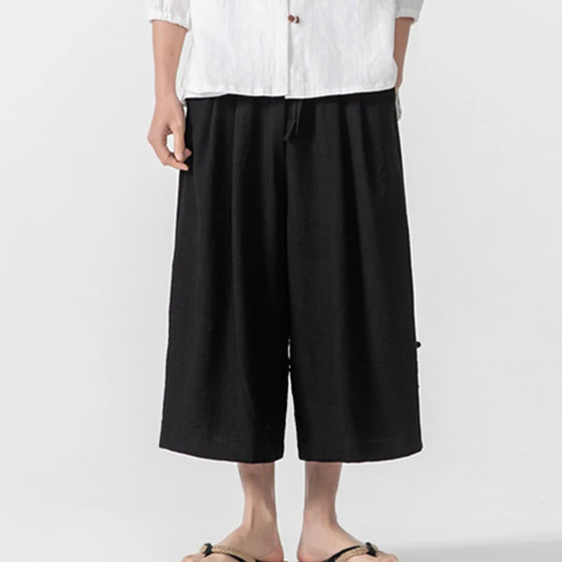 Buddha Stones Casual Loose Frog-Button Plain Men's Cotton 7-8 Length Wide Leg Pants With Pockets
