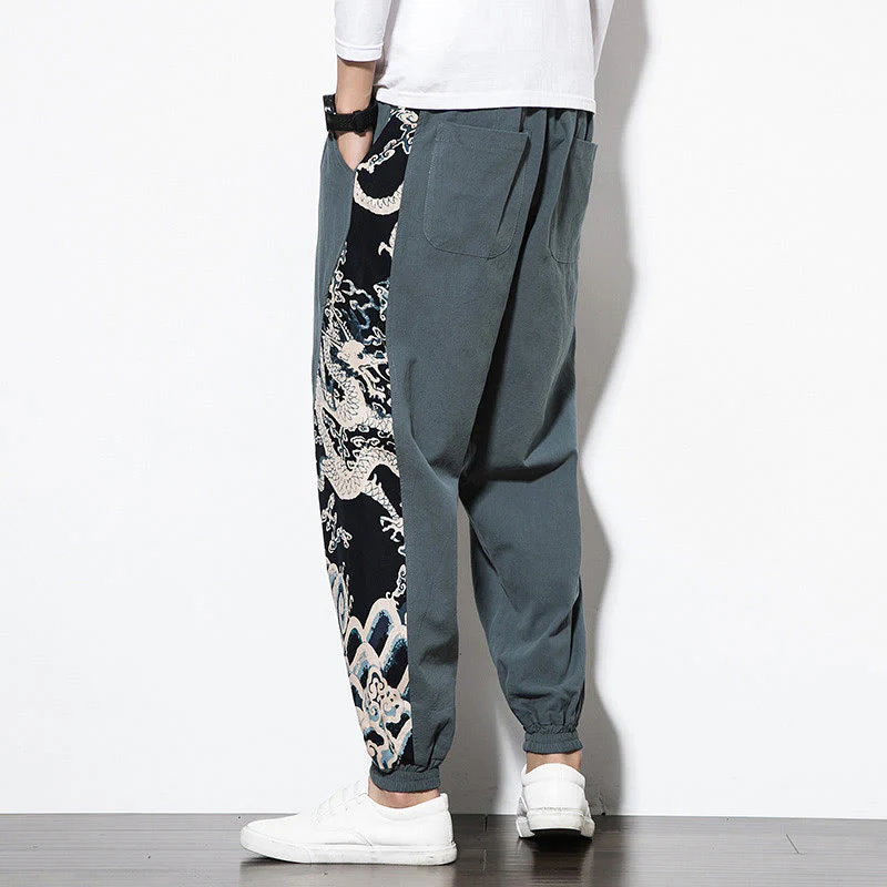 Buddha Stones Summer Dragon Waves Cotton Men's Pants With Pockets