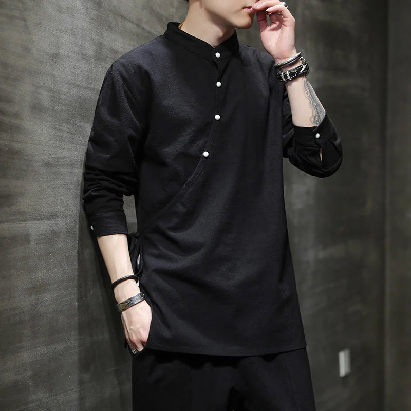 Buddha Stones Plain Lace-Up Simple Button Design Men's Long Sleeve Cotton Linen Shirt Clothing