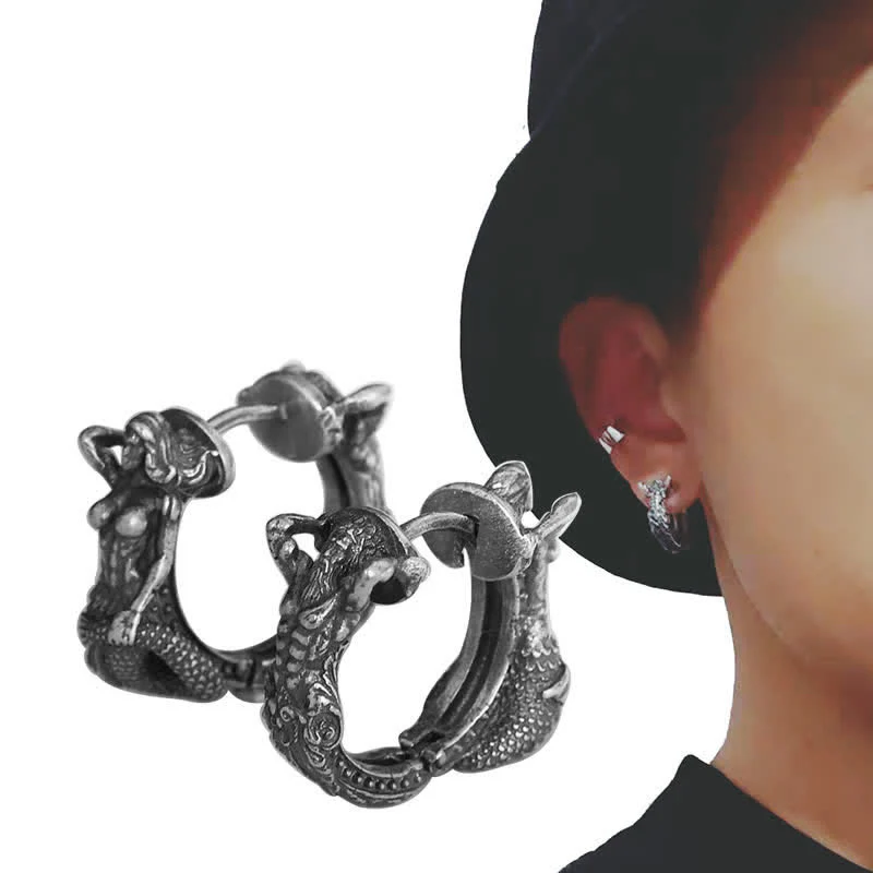 Buddha Stones 925 Sterling Silver Dragon Hoop Pattern Protection Earrings