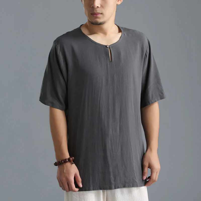 Buddha Stones Men's Solid Color Round Neck Short Sleeve Cotton Linen Shirt