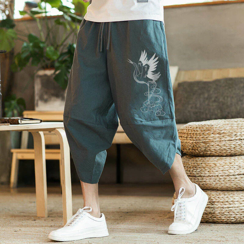 Buddha Stones White Crane Clouds Embroidery Cotton Linen Men's 7-8 Length Harem Pants With Pockets