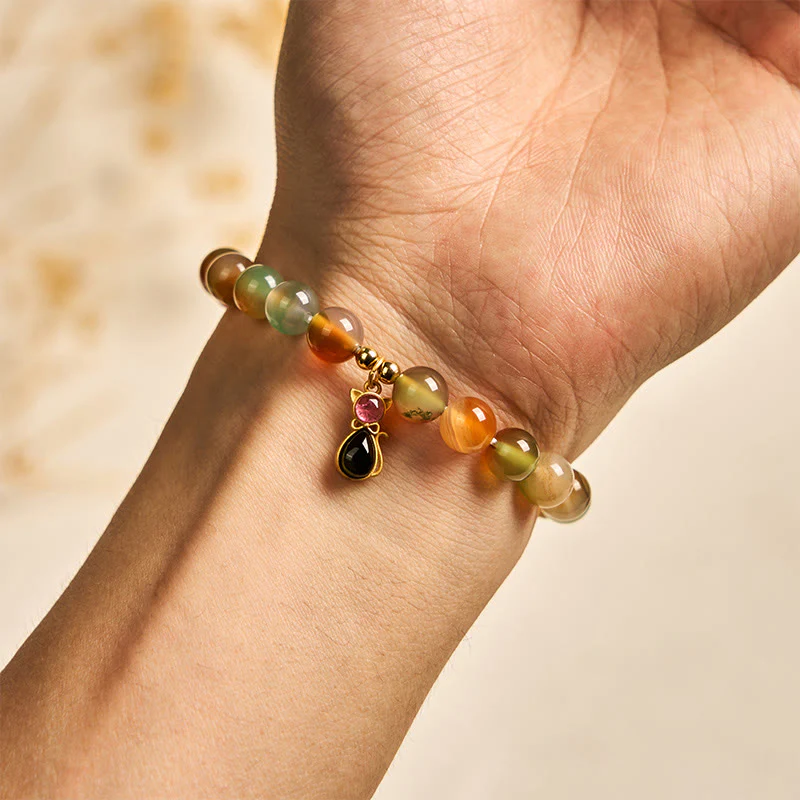Buddha Stones 925 Sterling Silver Tourmaline Cat Natural Peacock Agate Courage Bracelet