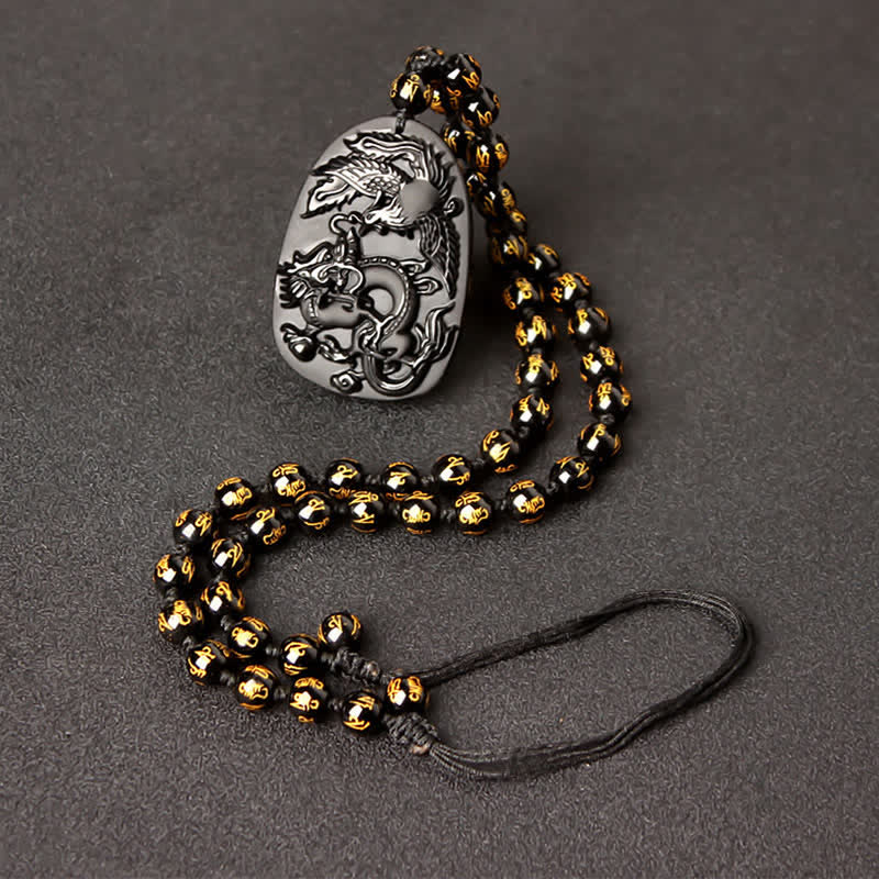Buddha Stones Black Obsidian Tiger Eye Dragon Phoenix Protection Beaded Necklace Pendant