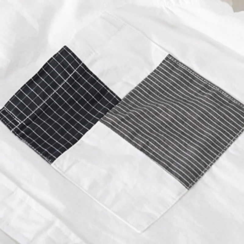 Buddha Stones Spring Daily Line Patchwork Design Lapel Men's Long Sleeve Cotton Linen Shirt With Pockets