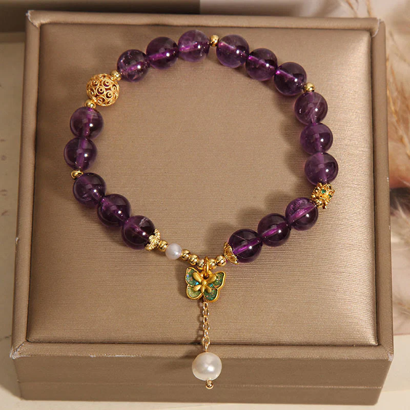 Buddha Stones Natural Amethyst Amber Green Butterfly Healing Bracelet