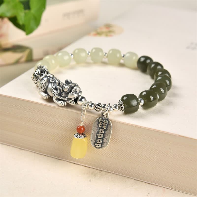 Buddha Stones 925 Sterling Silver Natural Hetian Jade Amber PiXiu Luck Bracelet