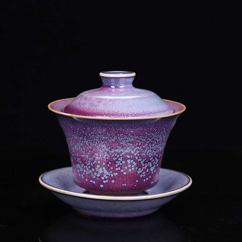 Buddha Stones Retro Glaze Kiln Change Ceramic Gaiwan Sancai Teacup Kung Fu Tea Cup And Saucer With Lid