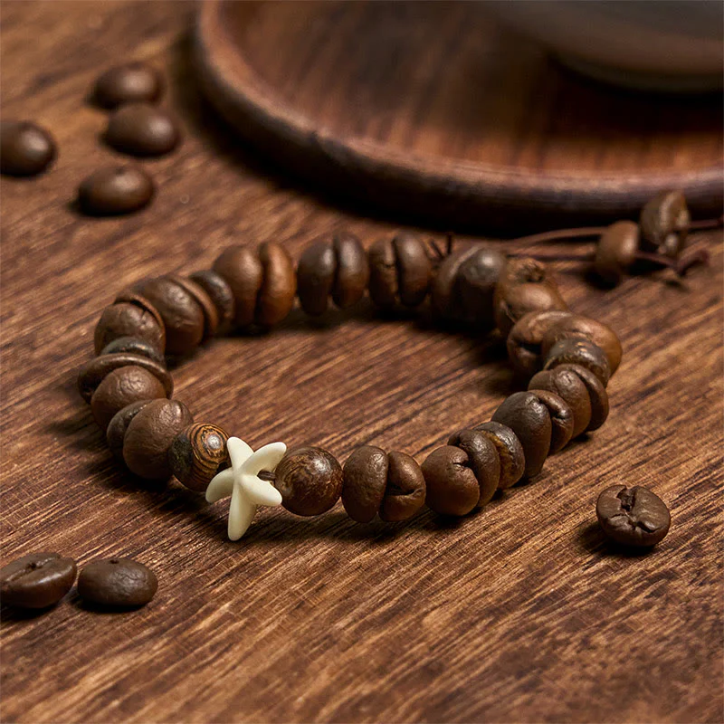 Buddha Stones Handmade Natural Coffee Beans Wood Beads Starfish Bracelet