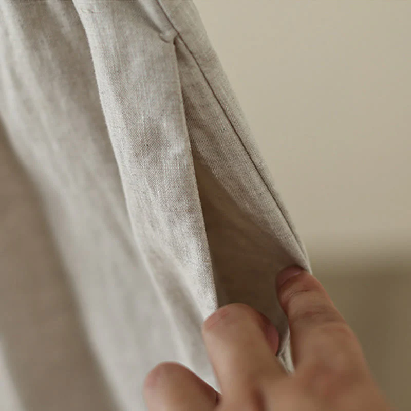 Buddha Stones Commute Retro Plain Lace Patchwork Design 7-8 Length Women's Wide Leg Cotton Pants With Pockets