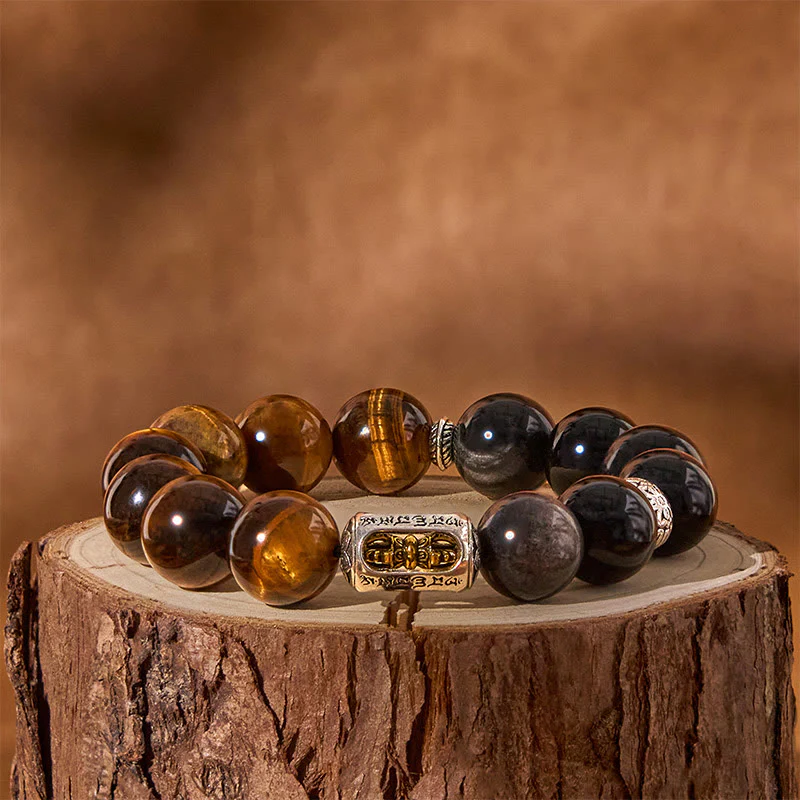 Buddha Stones Natural Silver Sheen Obsidian Tiger Eye Vajra Protection Bracelet