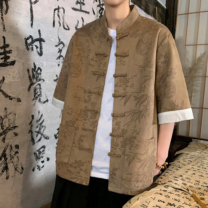 Buddha Stones Jacquard Bamboo Plum Bossom Pattern Chinese Frog-Button Design Men's Half Sleeve Cotton Shirt With Pockets