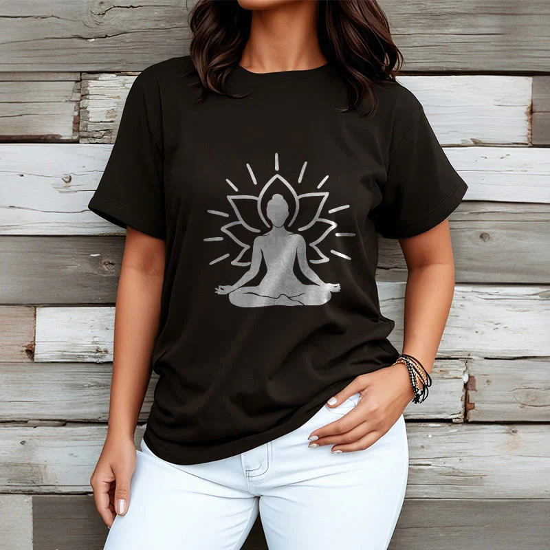 Buddha Stones Casual Meditative Figure Lotus Pattern Tee T-shirt