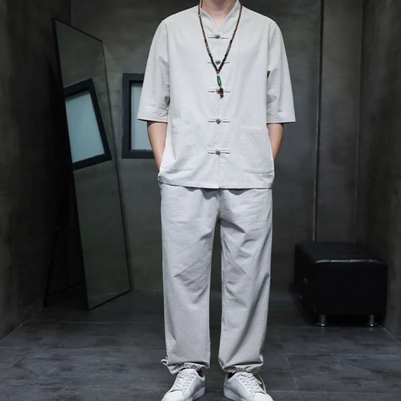 Buddha Stones 2Pcs Tang Suit Frog-Button Design Shirt Pants With Pockets Men's Cotton Linen Meditation Cloth Set