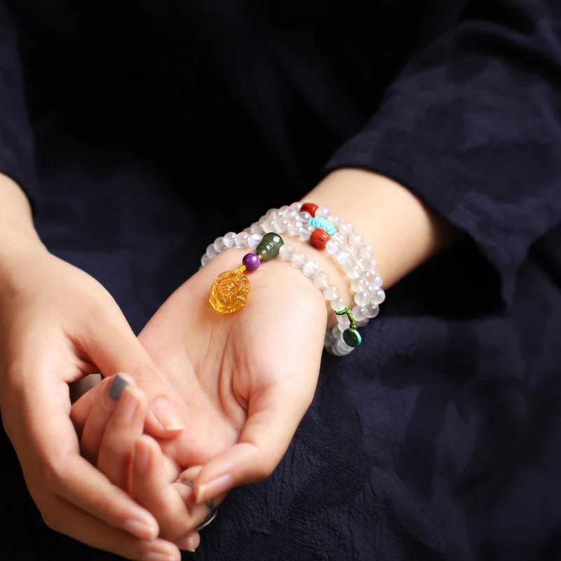 Buddha Stones 108 Mala Beads Moonstone Amber Lotus Turquoise Crystal Healing Bracelet