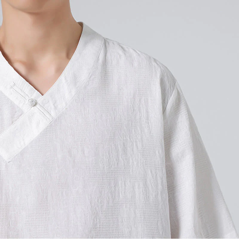 Buddha Stones Ethnic Distressed Jacquard Frog-Button Men's Stand Collar Half Sleeve Cotton Linen Shirt Tai Chi Clothes