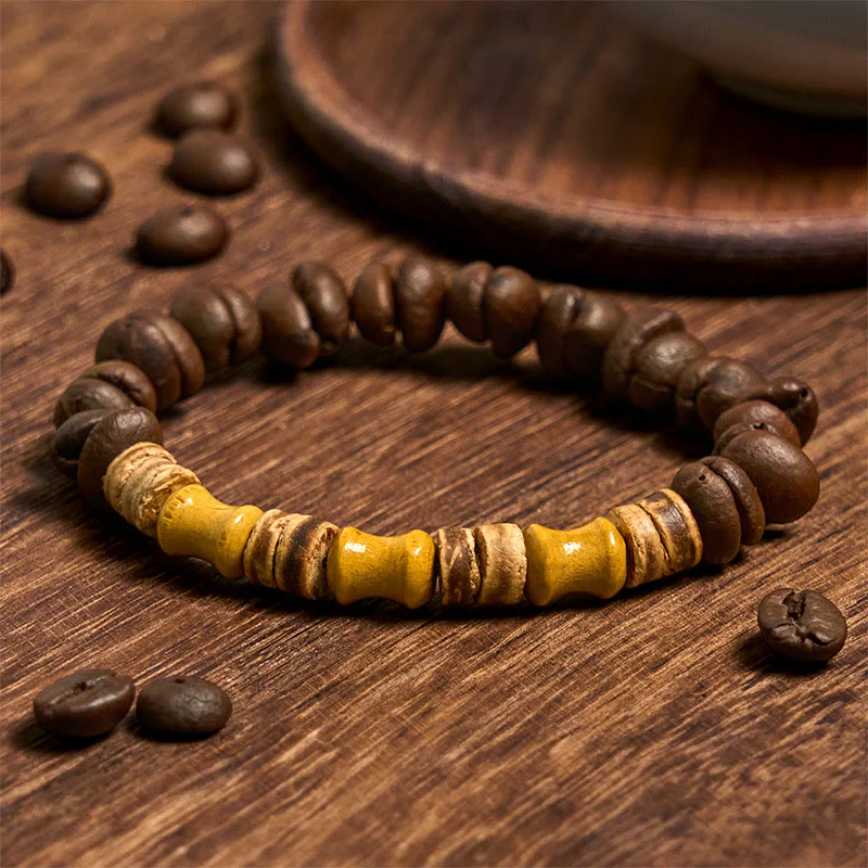 Buddha Stones Handmade Natural Coffee Beans Coconut Shell Bamboo Jade Positive Bracelet