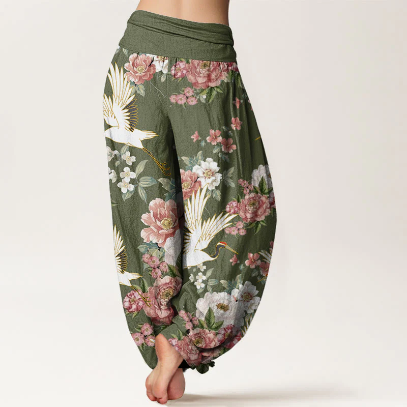 Buddha Stones Casual Cranes Blooming Peony Pattern Women's Elastic Waist Harem Pants
