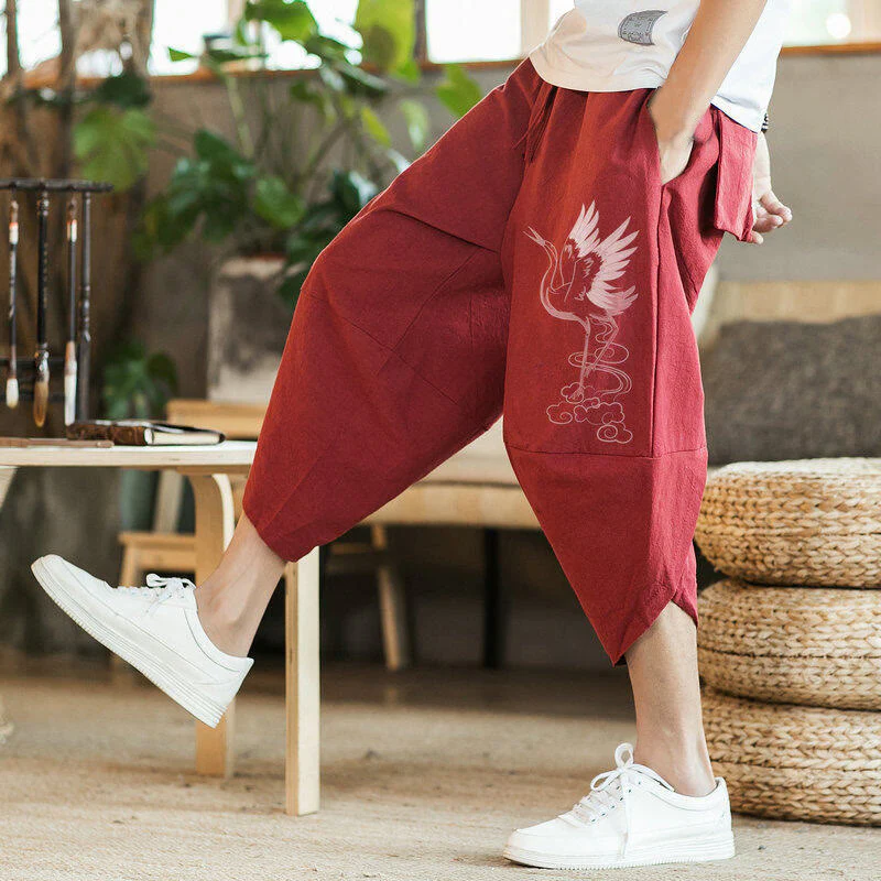 Buddha Stones White Crane Clouds Embroidery Cotton Linen Men's 7-8 Length Harem Pants With Pockets