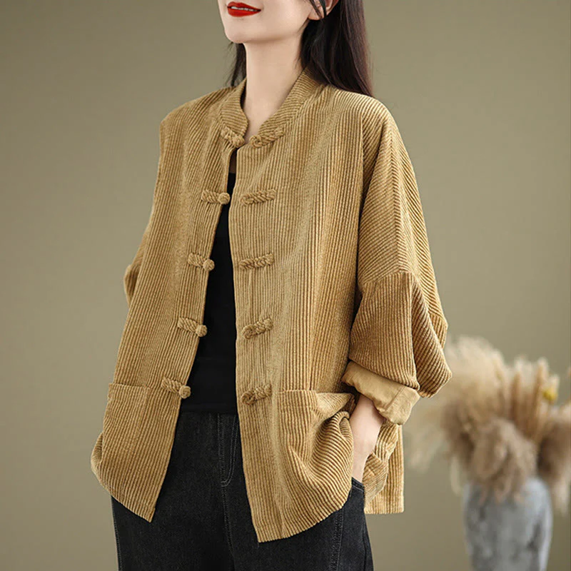 Buddha Stones Frog-button Stand Collar Women's Cotton Linen Corduroy Jacket