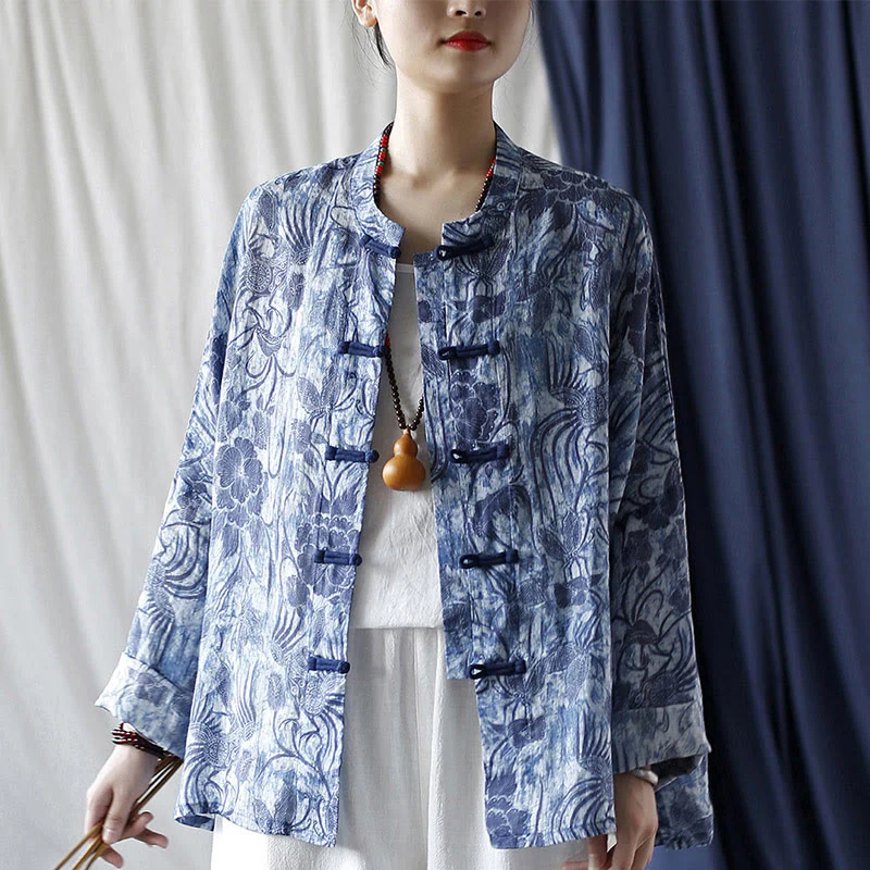 Buddha Stones Retro Blue White Flowers Frog-Button Design Long Sleeve Ramie Linen Jacket Shirt