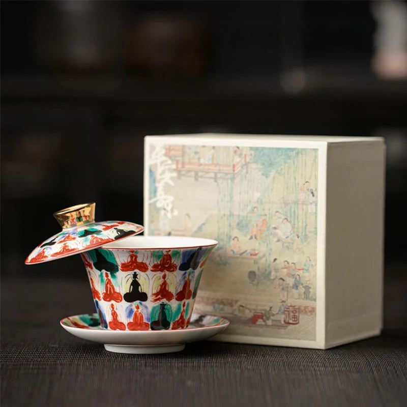 Buddha Stones Thangka Dragon Buddhas Dunhuang Ceramic Gaiwan Sancai Kung Fu Tea Cup And Saucer With Lid Gift Box 180ml