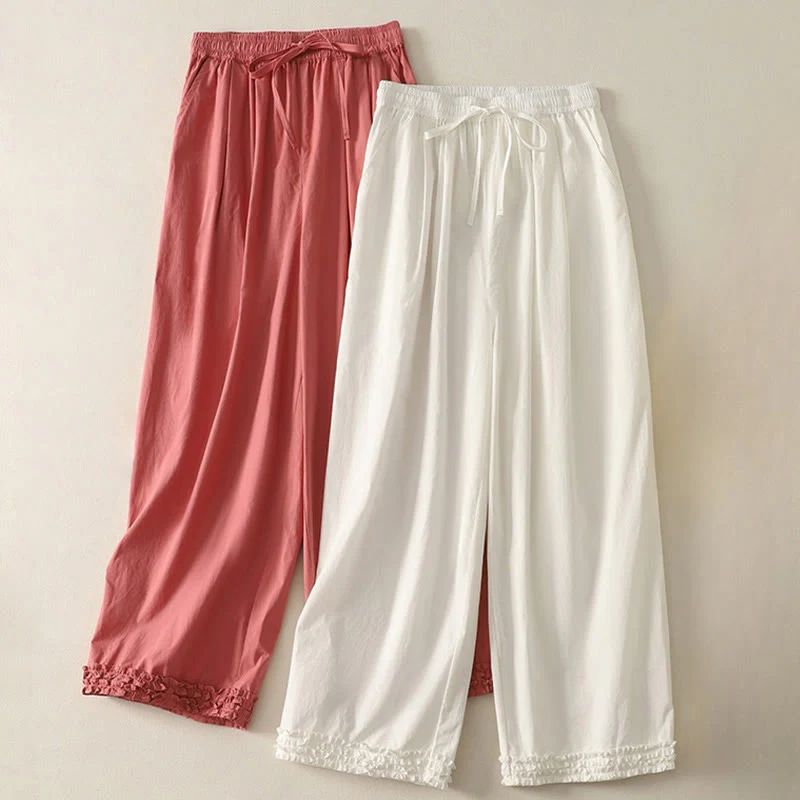 Buddha Stones Casual Ruffle Hem Patchwork Design Drawstring Ankle-length Women's Cotton Pants With Pockets