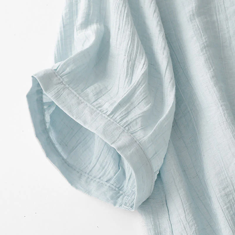 Buddha Stones Casual Plain Asymmetrical Lace-Up Design Puff Short Sleeve Women's Cotton Shirt