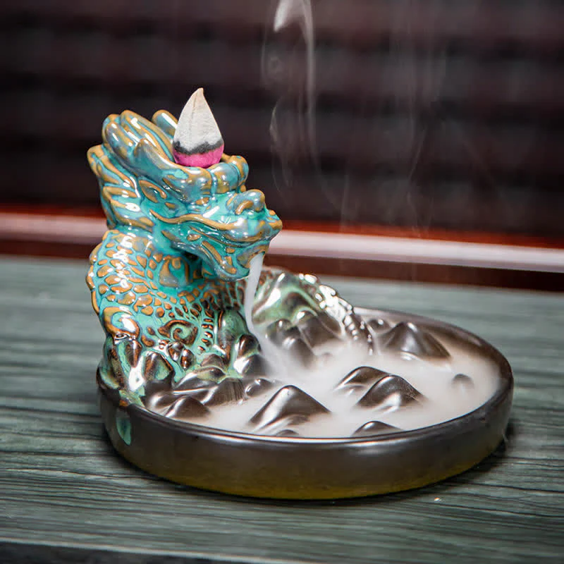 Buddha Stones Dragon Pattern Ceramic Backflow Smoke Fountain Incense Burner Decoration