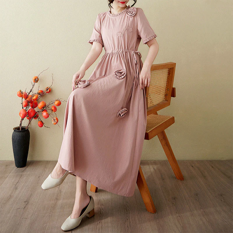 Buddha Stones Three-Dimensional Flower Design Ruffled Neck Cotton Linen Midi Dress With Pockets