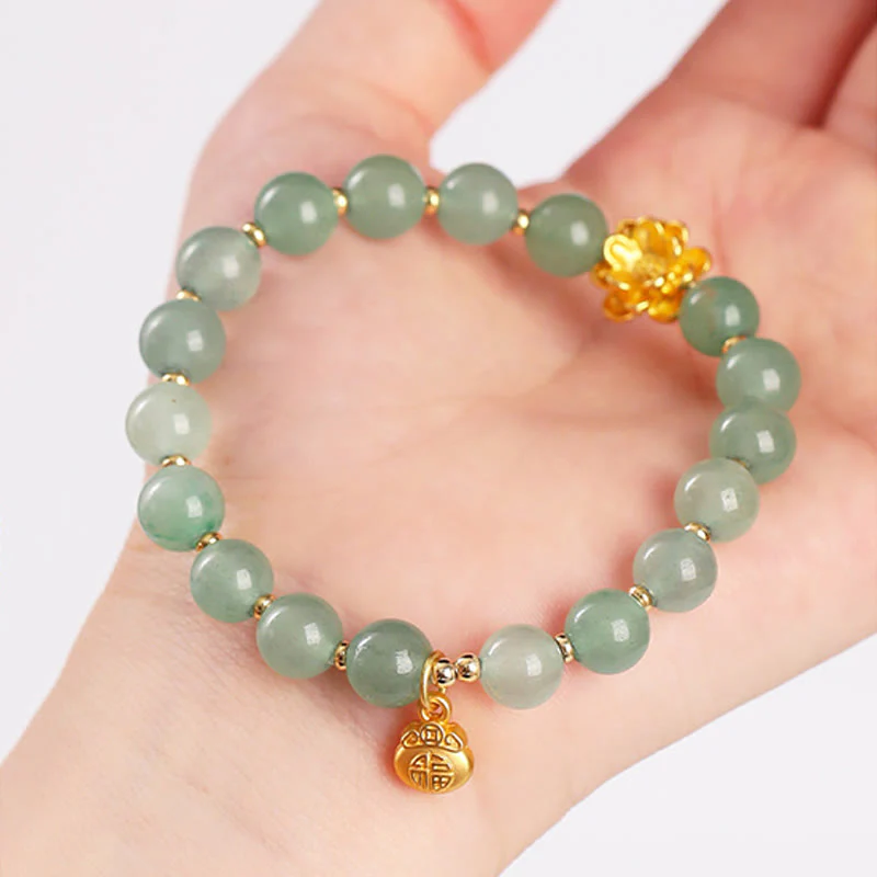Buddha Stones Natural Jade Green Aventurine Gourd Fu Character Luck Bracelet