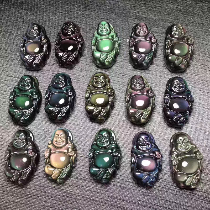 Natural Rainbow Obsidian Laughing Buddha Inner Peace Necklace Pendant