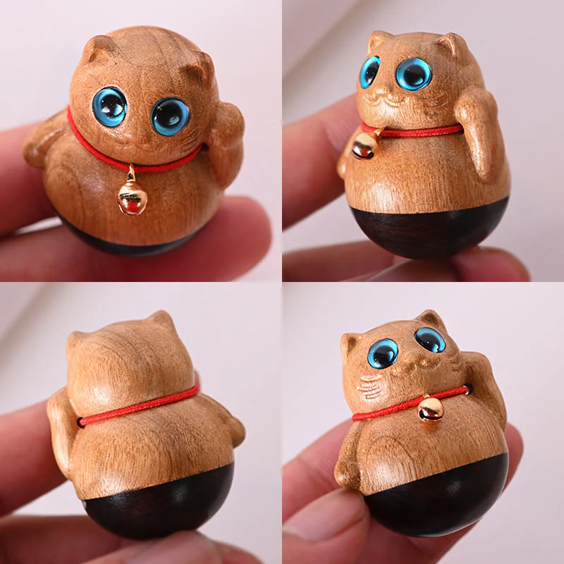 Buddha Stones Mini Lucky Cat Kitten Phoebe Zhennan Wood Blessing Decoration