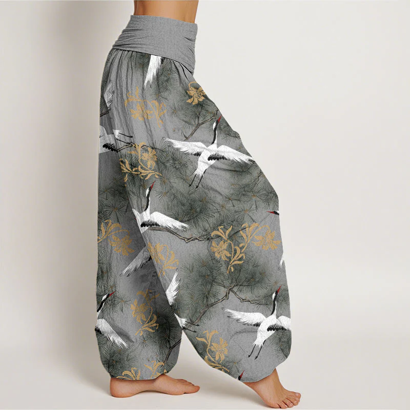 Buddha Stones Casual Red-crowned Crane Pine Tree Pattern Women's Elastic Waist Harem Pants