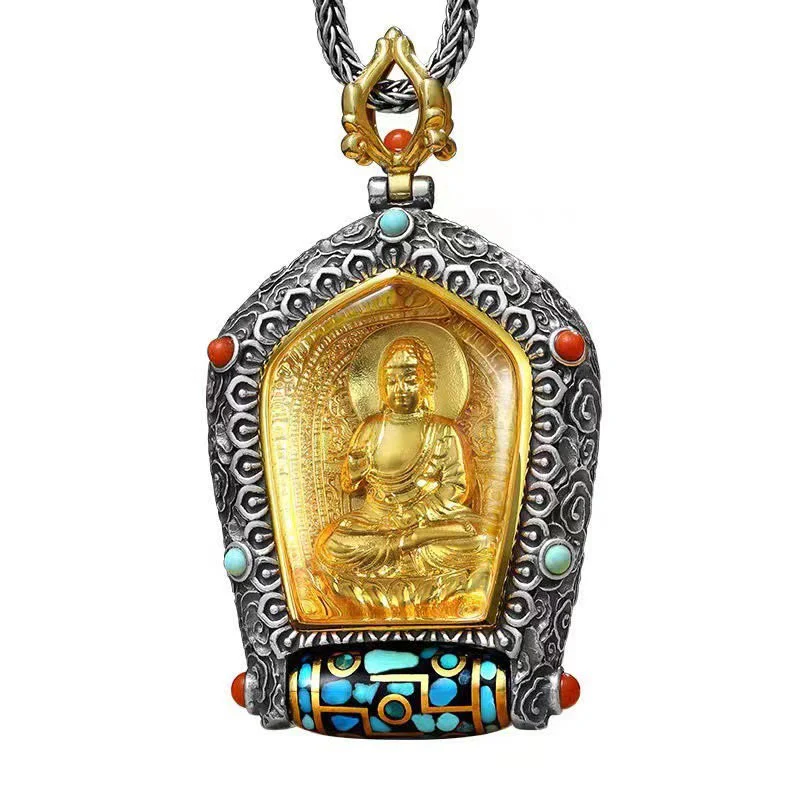 Buddha Stones Tibet Chinese Zodiac Natal Buddha Thangka Prosperity Rotatable Dzi Bead Necklace Pendant