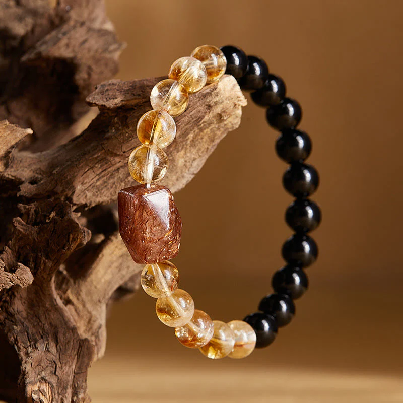 Buddha Stones Natural Black Obsidian Citrine Super Seven Crystal Strength Bracelet