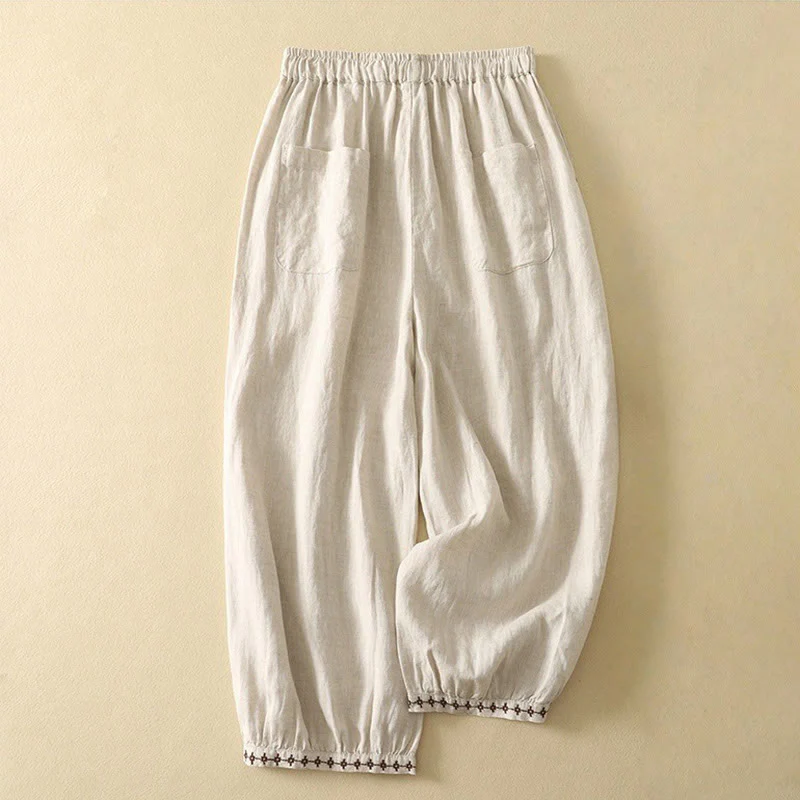 Buddha Stones Casual Retro Drawstring Embroidery Design Women's Cotton Linen 7-8 Length Pants With Pockets