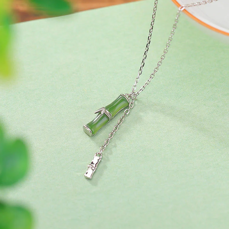 Buddha Stones Hetian Jade 925 Sterling Silver Bamboo Abundance Necklace Pendant