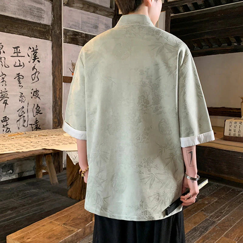 Buddha Stones Jacquard Bamboo Plum Bossom Pattern Chinese Frog-Button Design Men's Half Sleeve Cotton Shirt With Pockets