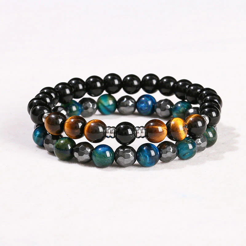 Buddha Stones 2Pcs Hematite Tiger Eye Blue Tiger Eye Powerful Bracelet Set