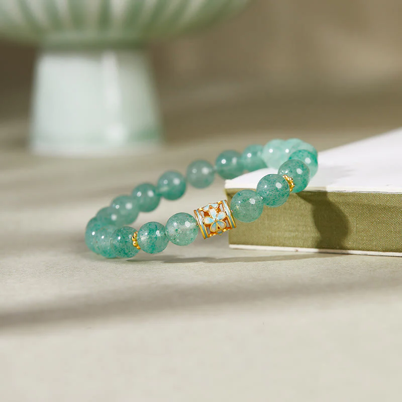 Buddha Stones 925 Sterling Silver Green Strawberry Quartz Flower Calm Bracelet