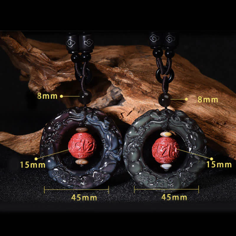 Buddha Stones FengShui Natural Rainbow Obsidian PiXiu Cinnabar Healing Necklace Pendant