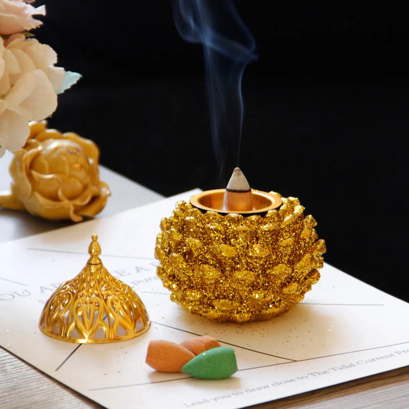 Buddha Stones Gold Pine Cone Pattern Spiritual Rituals Mini Incense Burner Home Tabletop Decor